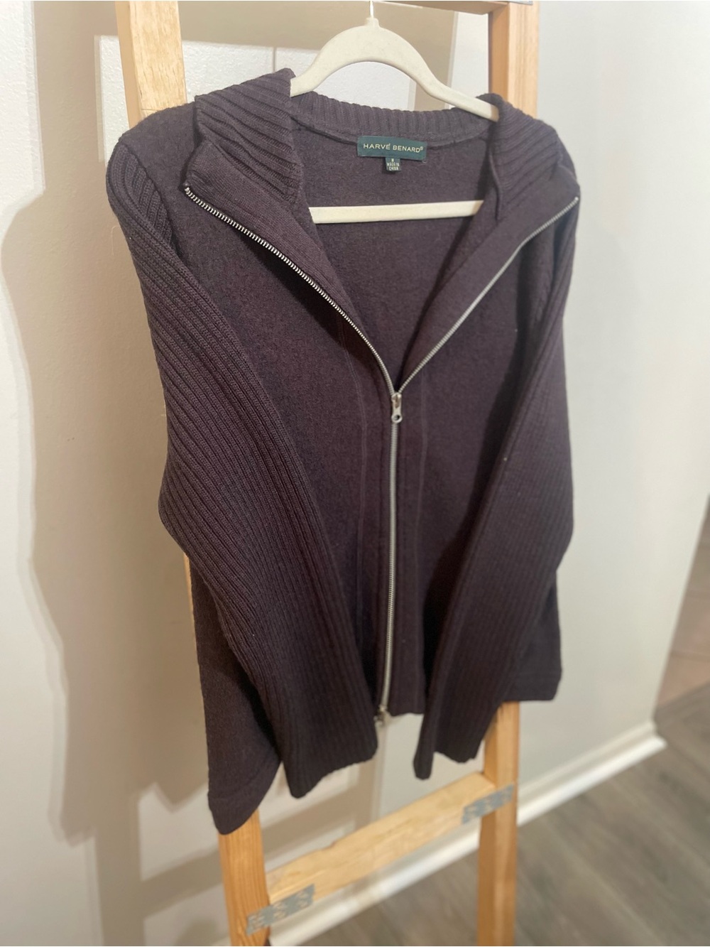 Harve Benard Wool Zip Front Cardigan in Brown Size Medium